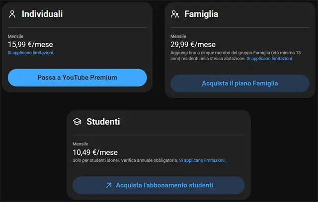 I nuovi prezzi dei piani YouTube Premium