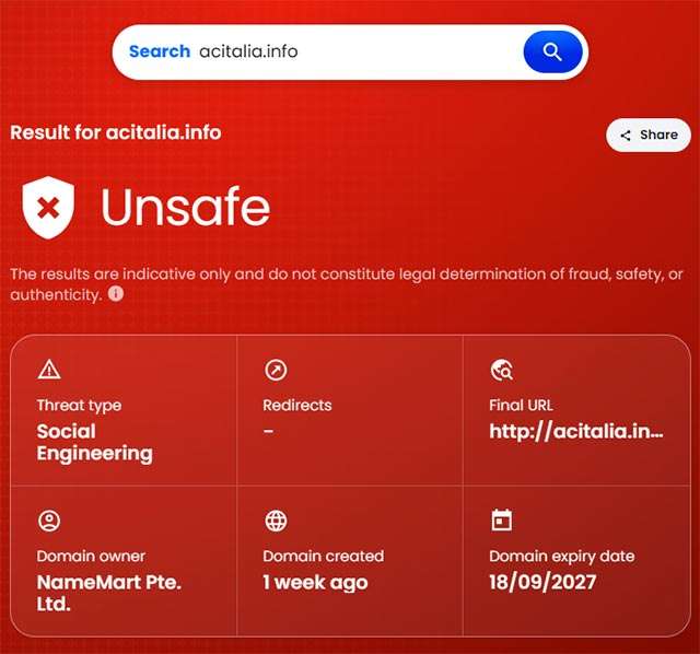 Truecaller Scam Checker riconosce la truffa del finto sito ACI