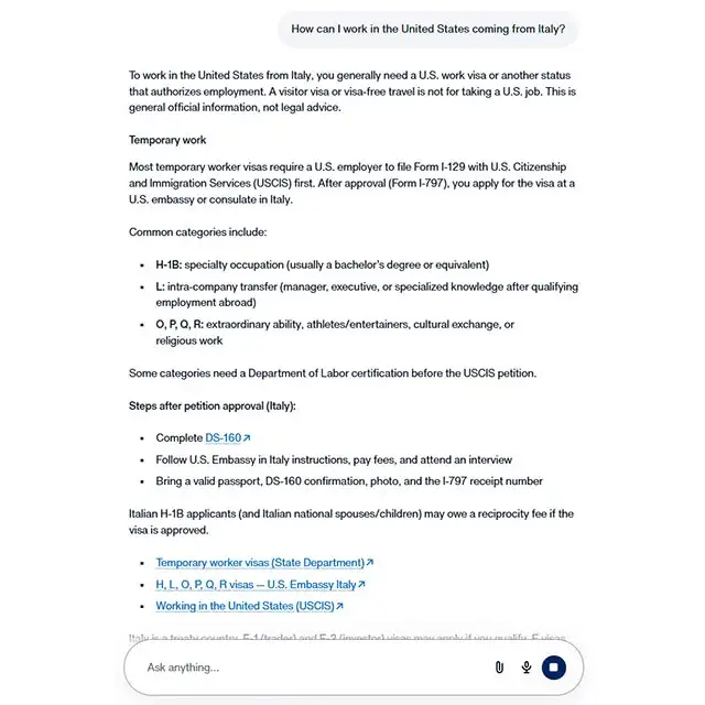 America.gov risponde ai prompt con lo stile di un chatbot