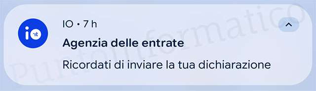 La notifica relativa al messaggio di Agenzia delle Entrate sull'app IO