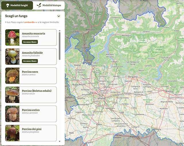 La mappa della Lombardia su Cacciatori di funghi