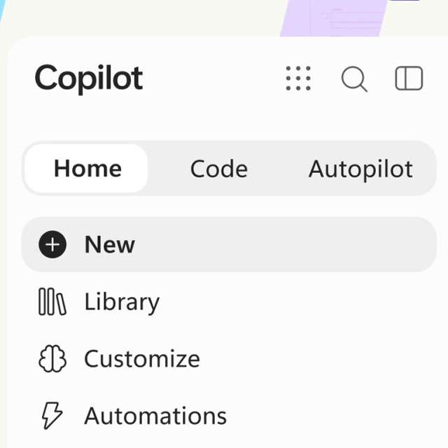 Il nuovo Copilot ospita le sezioni Home, Code e Autopilot