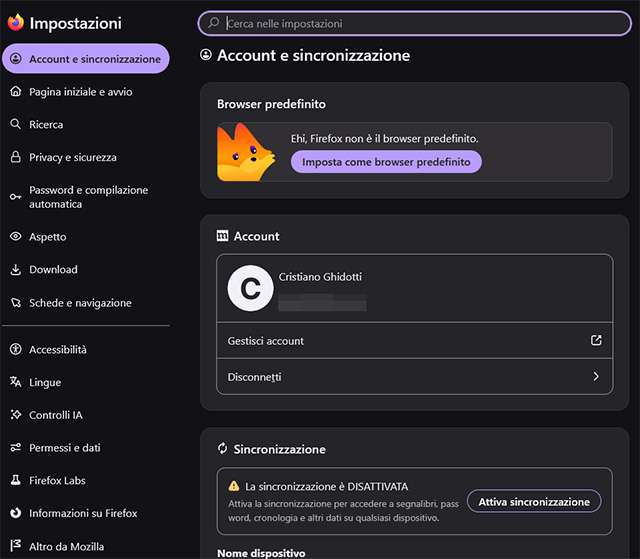 Le impostazioni in Firefox 157