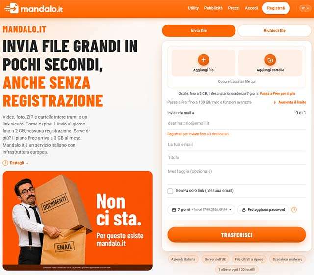 L'interfaccia del servizio mandalo.it