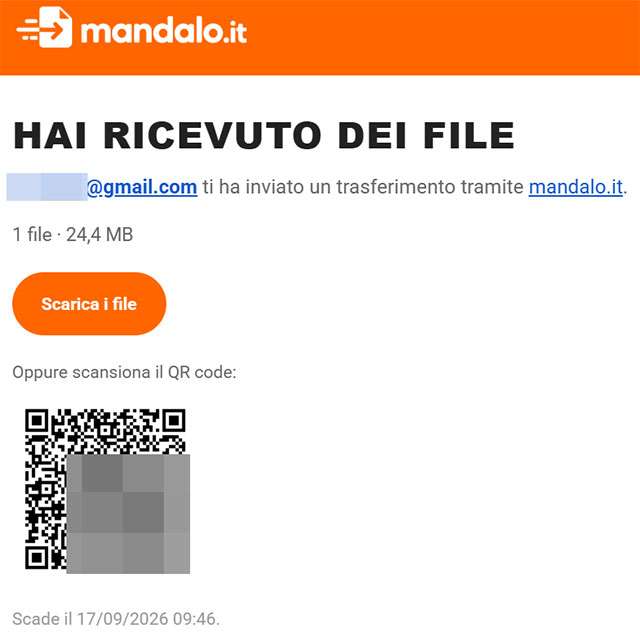 L'email ricevuta dal destinatario dopo l'invio di un file con mandalo.it
