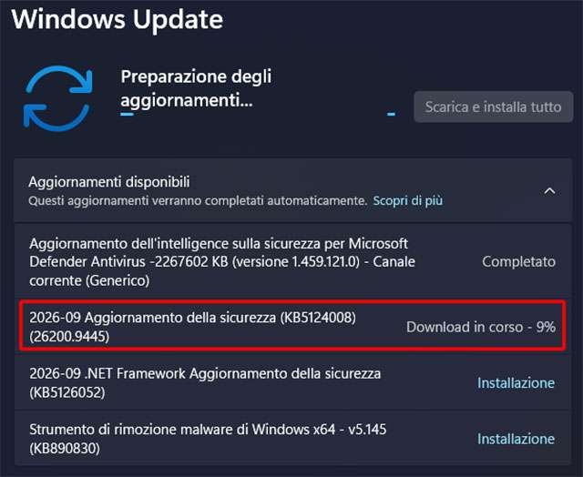L'aggiornamento KB5124008 per Windows 11 25H2, distribuito nel Patch Tuesday di settembre 2026