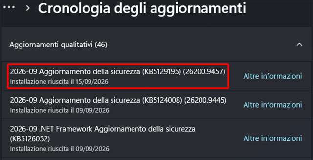 L'aggiornamento KB5129195 scaricato e installato su Windows 11 25H2