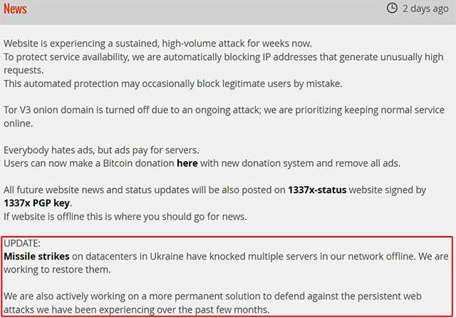 I gestori di 1337x confermano i problemi conseguenti agli attacchi dei missili russi