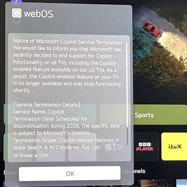 L'avviso dell'addio a Copilot sulle Smart TV di LG