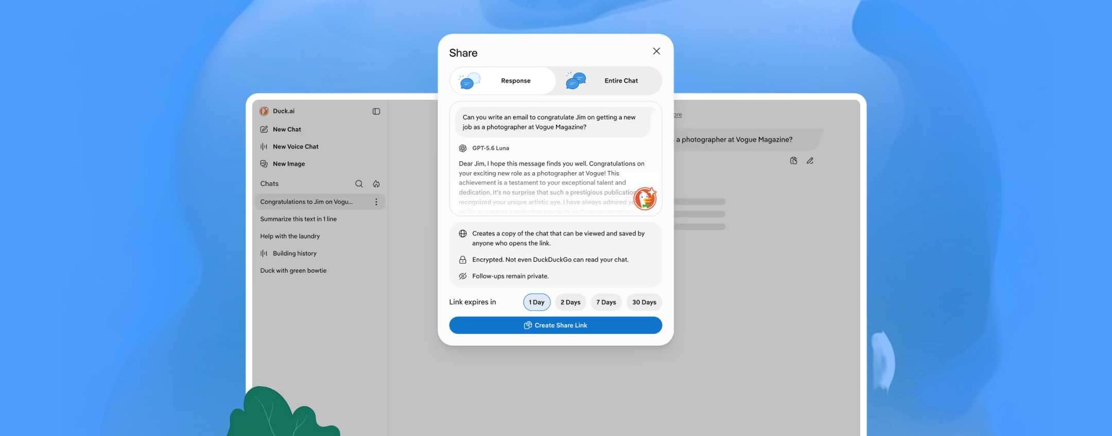 Duck.ai lancia la condivisione privata delle chat