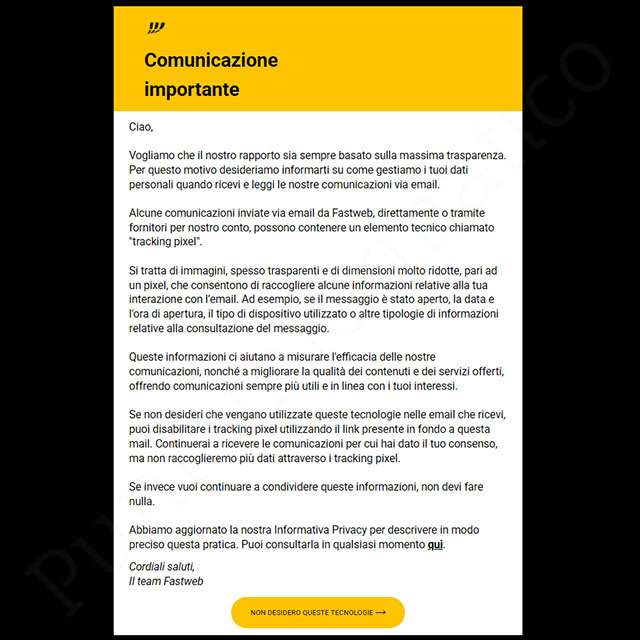 La comunicazione di Fastweb ai clienti sui tracking pixel nelle email