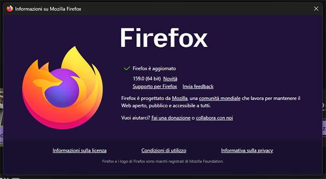 Il browser Firefox 159 in esecuzione su Windows 11