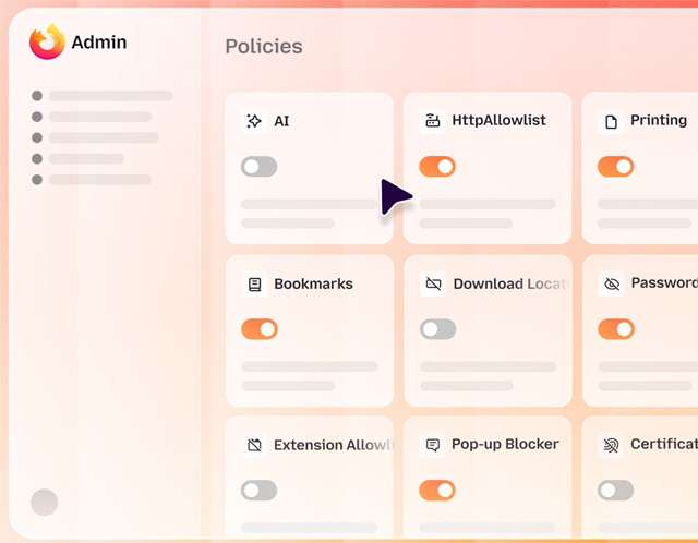 Il pannello di gestione per Firefox Enterprise