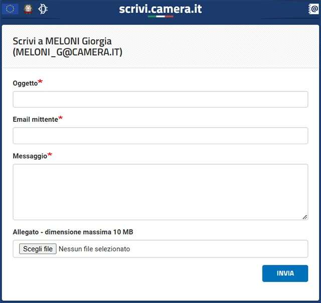 Il modulo per inviare un'email a Giorgia Meloni