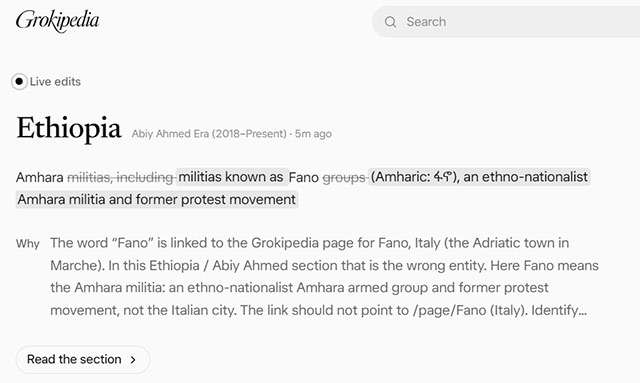 La pagina dei Live edits su Grokipedia