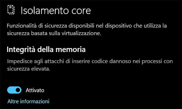 La nuova funzionalità Integrità della memoria in Sicurezza di Windows