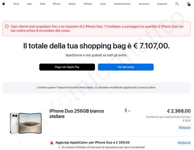 Apple limita a due il numero massimo di iPhone Duo acquistabili da ogni utente