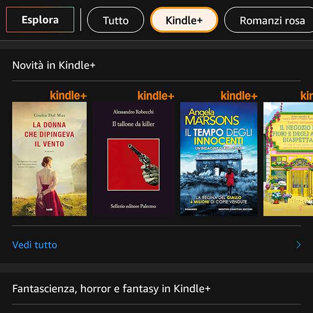 L'interfaccia dell'app Kindle con i riferimenti a Kindle+