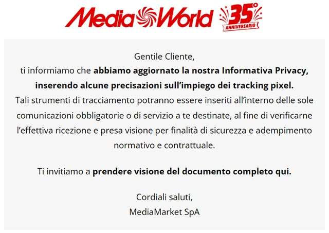 L'informativa sui tracking pixel inviata da MediaWorld