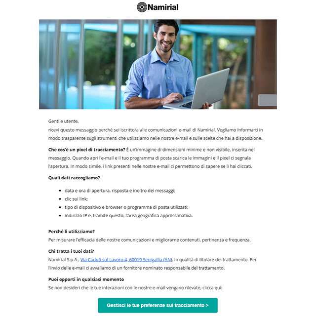 L'email di Namirial sui tracking pixel