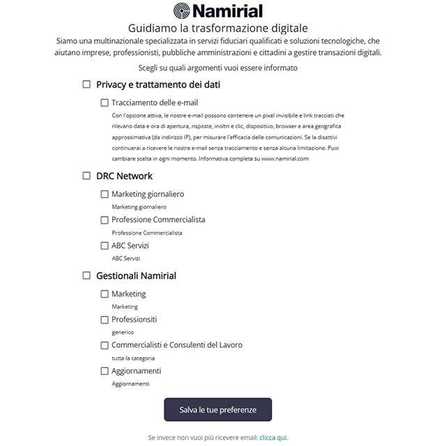 Come gestire le preferenze delle comunicazioni di Namirial