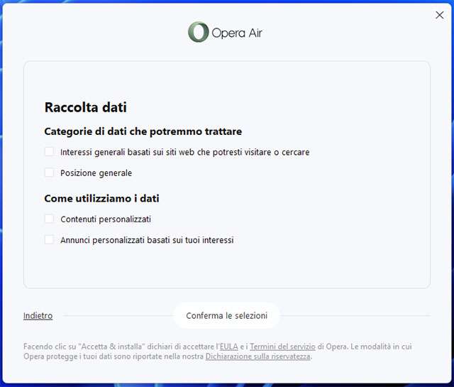 Meglio disattivare la condivisione dei dati durante l'installazione