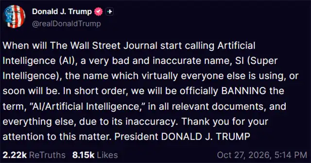 Il post di Trump in cui ribadisce l'obbligo di chiamarla Super Intelligence