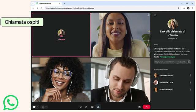 WhatsApp permette di invitare ospiti a una chiamata o videochiamata