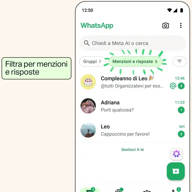 I filtri per menzioni e risposte su WhatsApp
