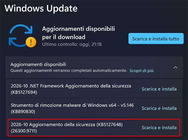 L'aggiornamento cumulativo KB5127648 è disponibile per Windows 11 26H2 e 25H2